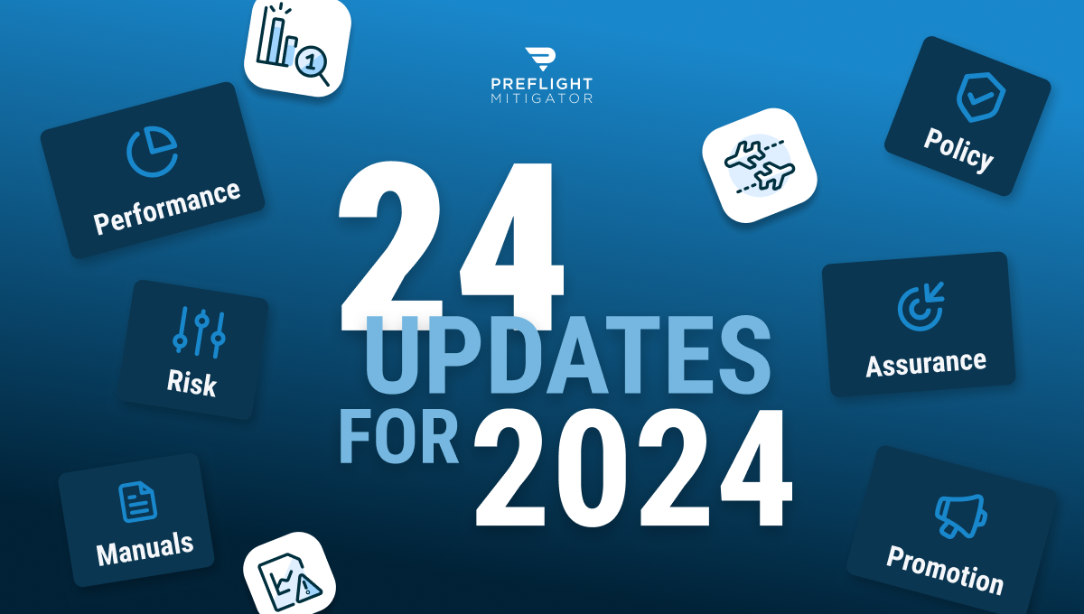 '24 Updates for 2024' text on a clean background, highlighting new features and enhancements in Preflight Mitigator's SMS software for aviation safety management.