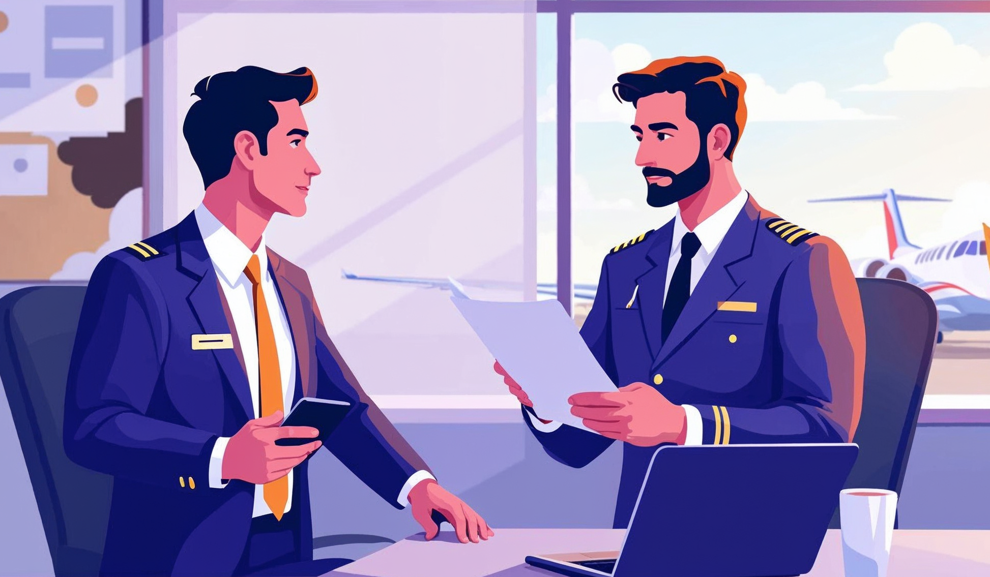 A flat 2D illustration of two pilots in a professional aviation setting.