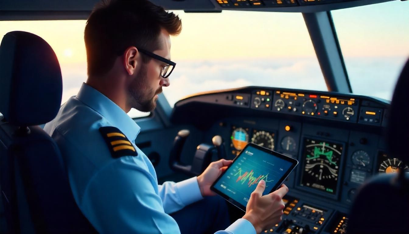 Pilot in cockpit analyzing flight data on a tablet with a sunset view in the background